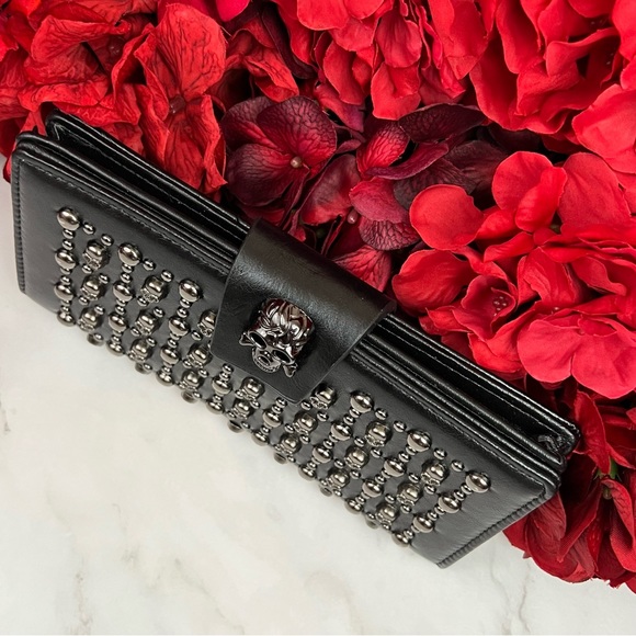 Gothic Skull Studded Black Leather Clutch Wallet BiFold - Picture 13 of 16